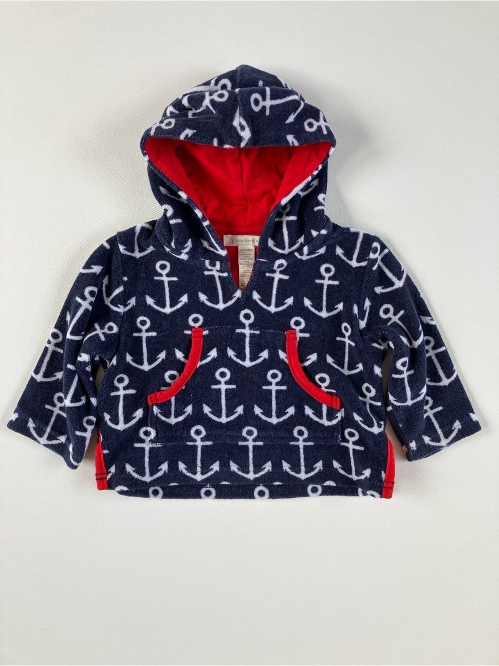 Pottery Barn Kids 6-12m Baby Hooded Terry Cloth Swim Coverup Navy Anchor Print